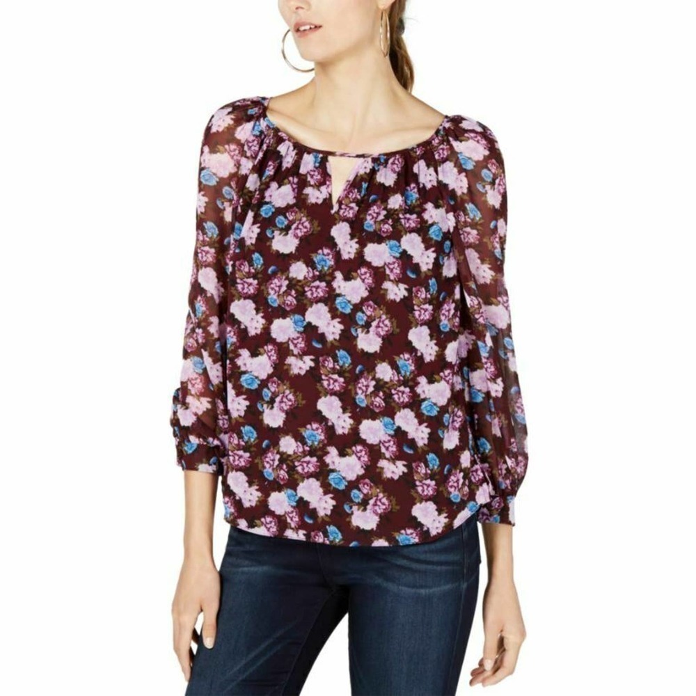 INC International Concepts Purple Floral Keyhole-Neck Long Sleeve Blouse Top